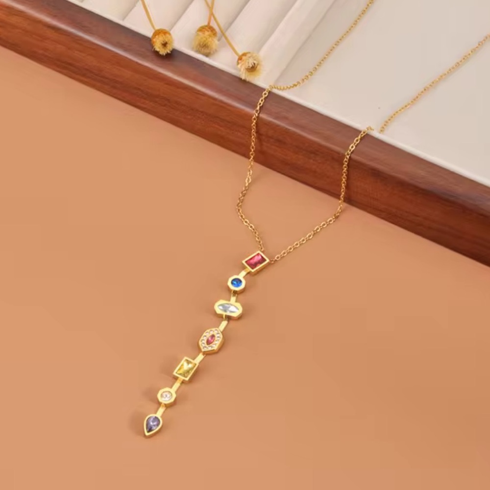 Gold Plated Stainless Steel Multicolor Zircon Tier Necklace Statement - Picture 14 of 17